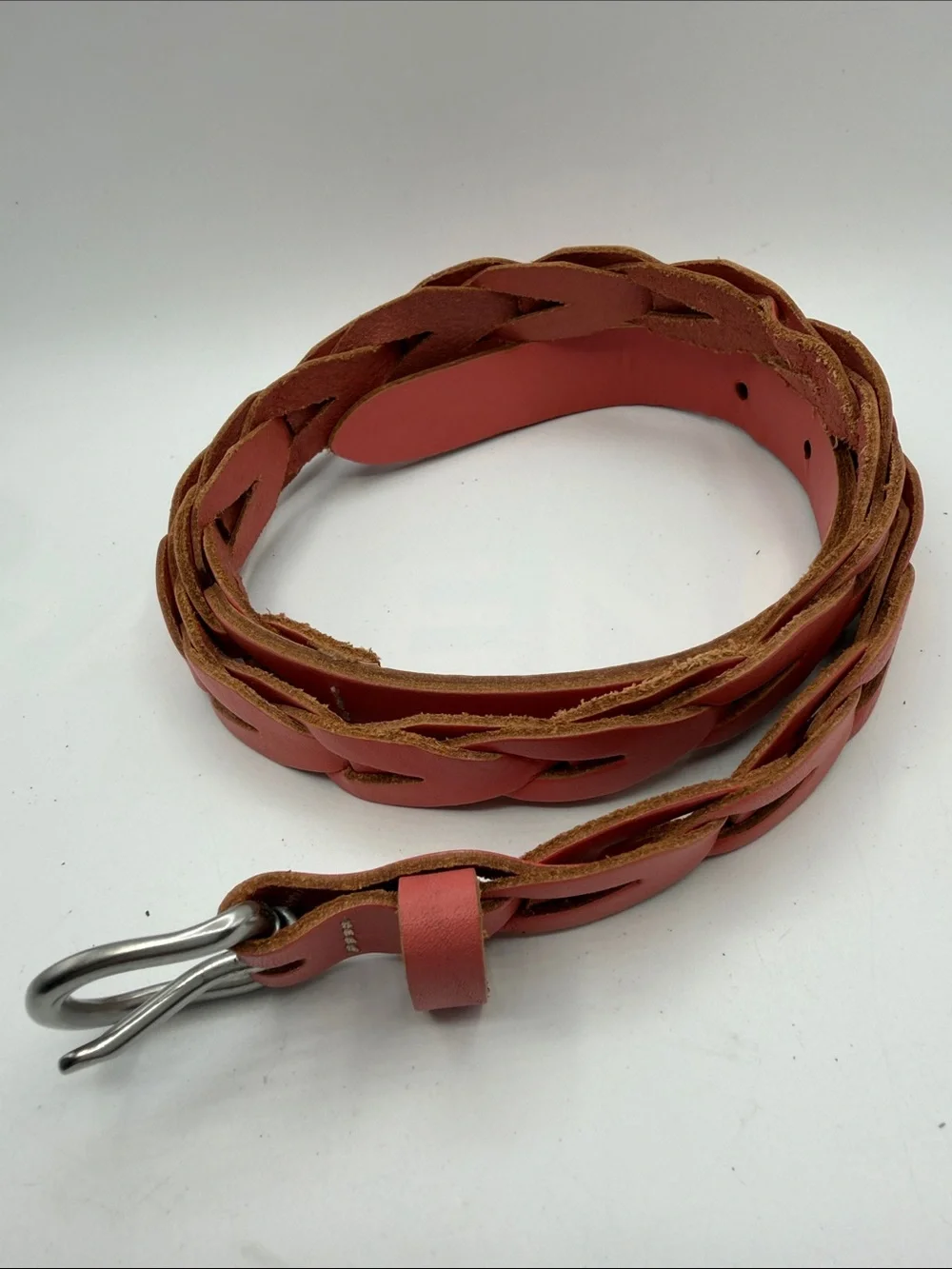 Coral Pink Skinny Braided Waist Belt | Salmon Pink Woven Belt S/M